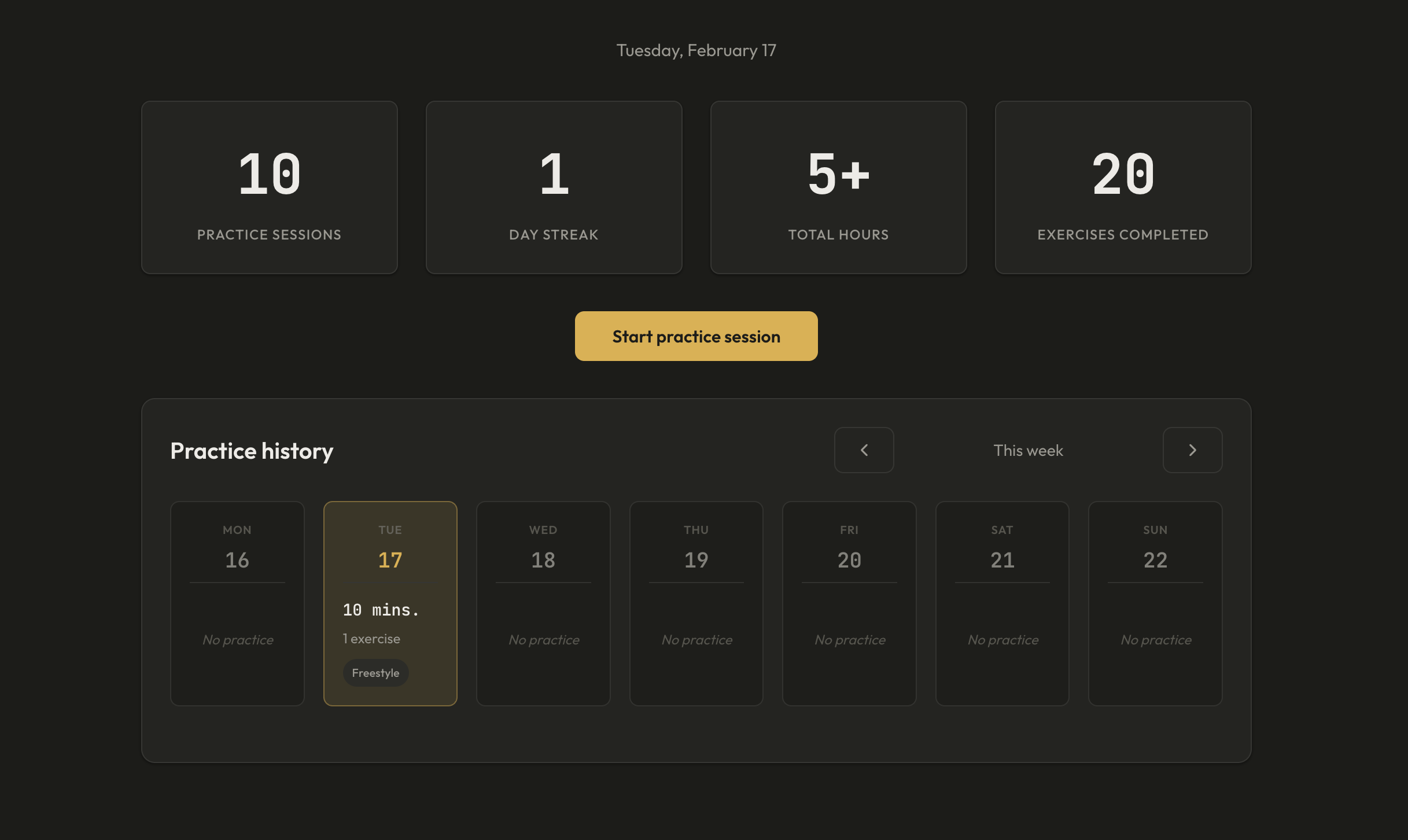 Motif app — Practice history and consistency view